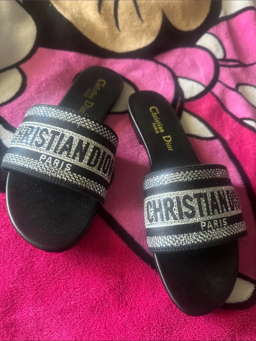 Dior Black Slide Mules with Silver Crystal Logo Strap